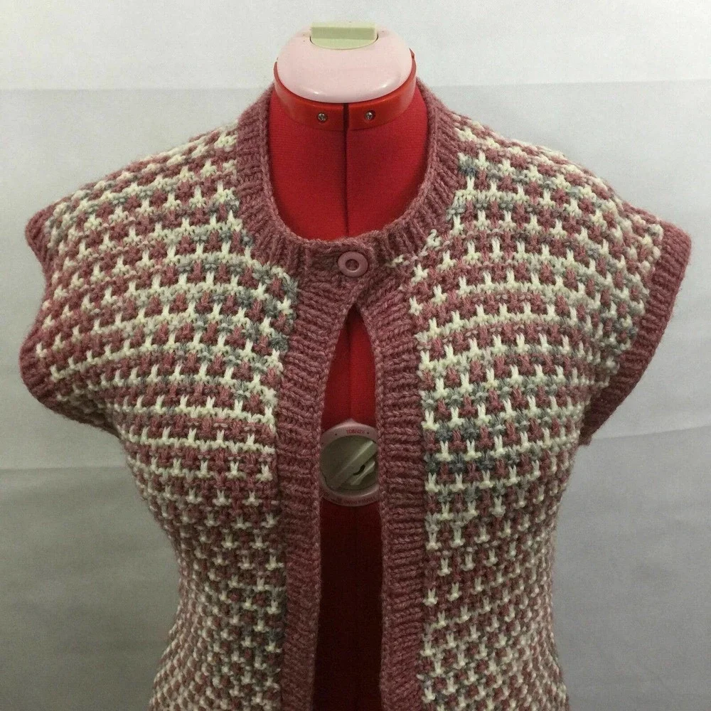 Handmade Open Front Vest Pink White Chunky Knit Sleeveless Cardigan Women Sz S
